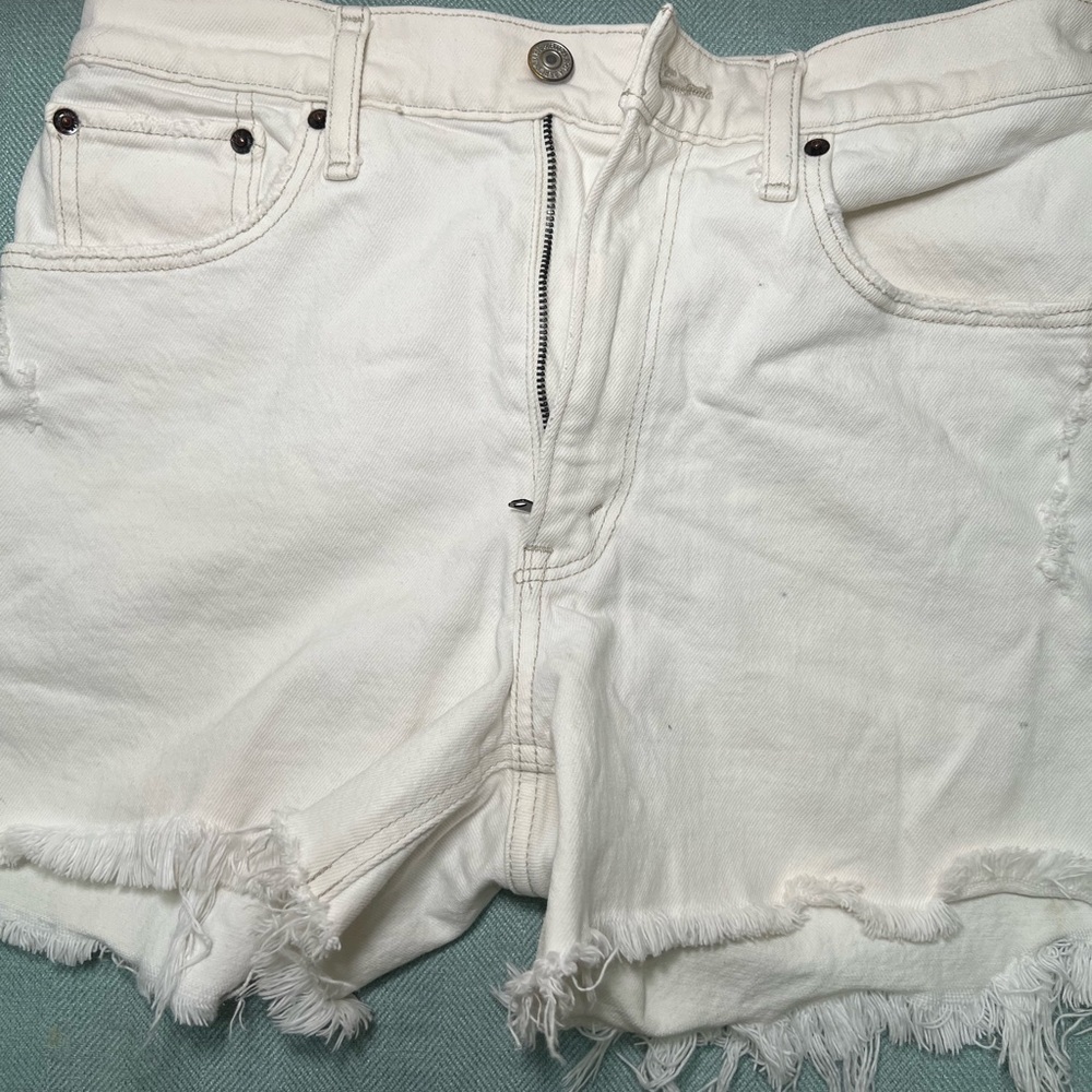 Abercrombie & Fitch White Distressed High Rise Mom Denim Short